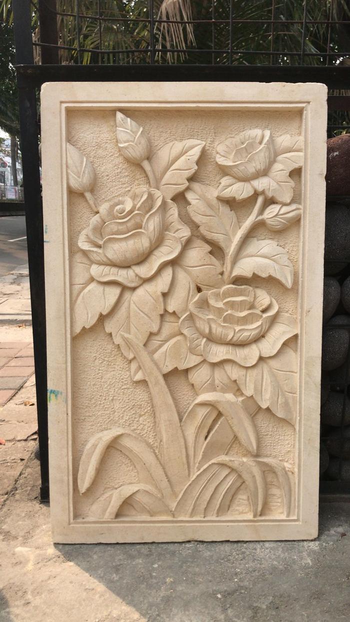 Batu Alam Paras Ukir Relief Bunga 50 X 80 X 6 cm 3D