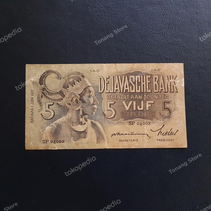 Uang Hindia Belanda 5 Gulden Wayang ttd Praasterink Tahun 1937 -04002