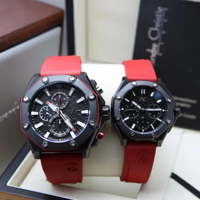 Jam Tangan Couple Alexandre Christie Original AC9601 Black Red
