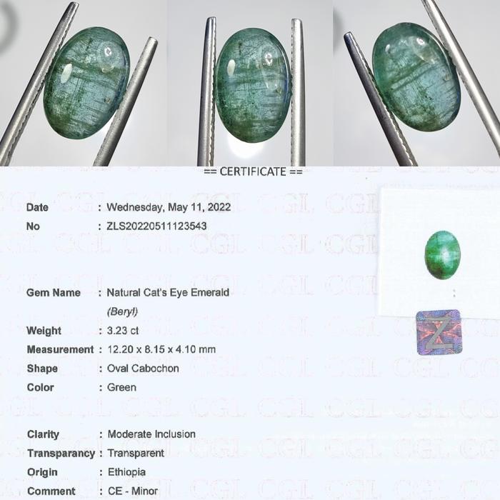 Natural HQ Batu Cat Eye Emerald Beryl Jamrud Ethiopia Minor 3.23 Cts