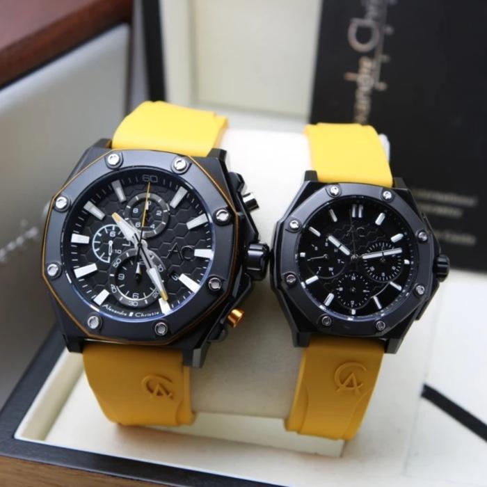 Jam Tangan Couple Alexandre Christie Original AC9601 Black Yellow