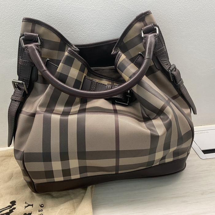 Burberry Brown Smoke Hobo Bag Leather Walden Coated Canvas Authentic