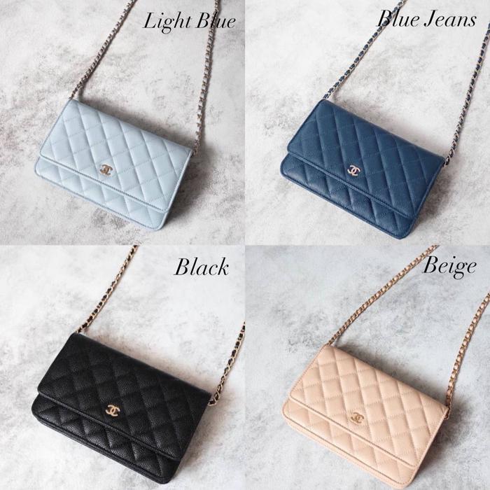 Original - Chanel Classic Wallet on Chain WOC Sky Blue Navy Black Nude