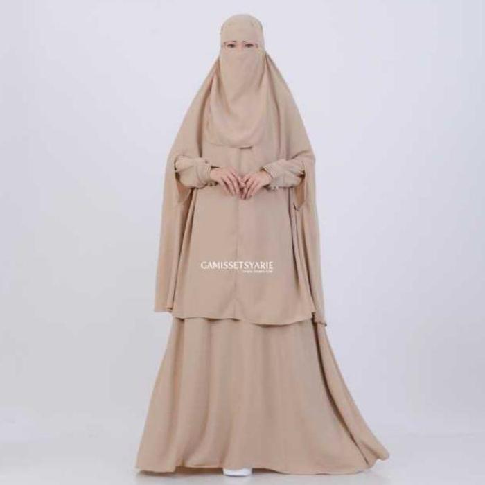 Set Gamis Syari Setelan Khimar Bolong Tangan Jumbo Syari Free Cadar