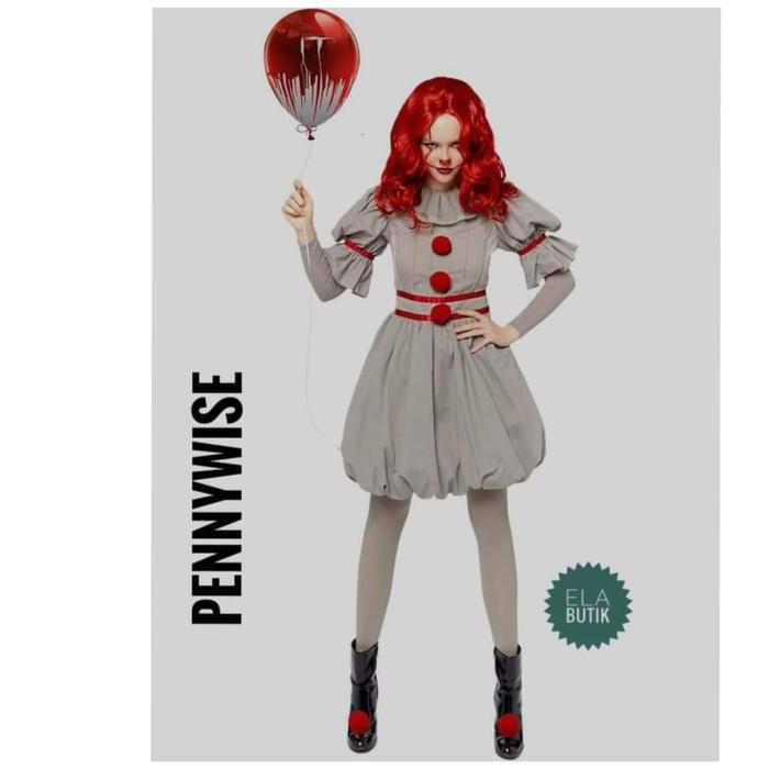 kostum pennywise-IT-dewasa-badut-clown-kostum halloween Pendek Pesta Abu Panjang Atasan Setelan Ibu 