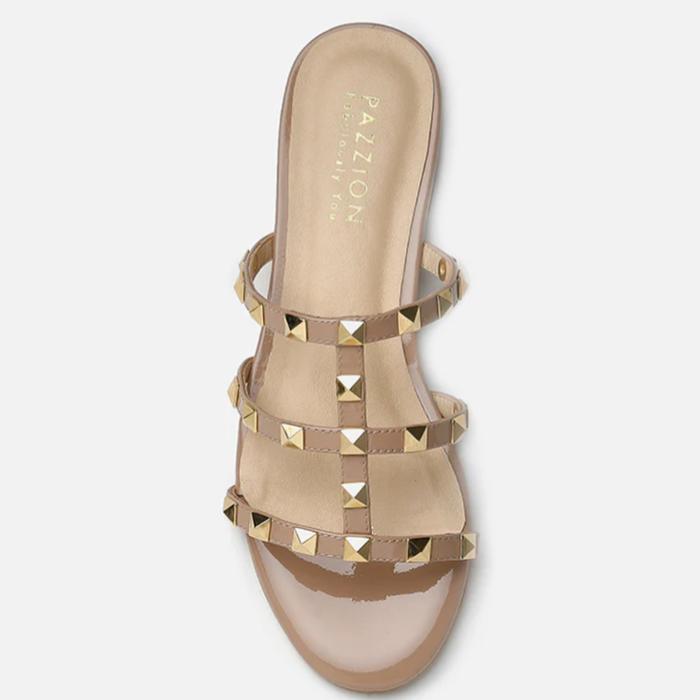 Pazzion Ingrid Gold Studded Cage Patent Leather Slides