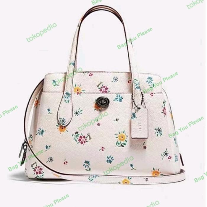Coach Handbag Leather Motif Flower Print White
