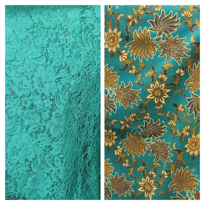 Kain Renda Brokat hijau toska dan kain batik katun paketan