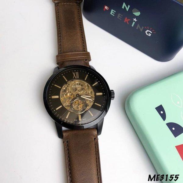 ME3155 Black Skeleton Dial Ion Plating Case Brown Leather Strap