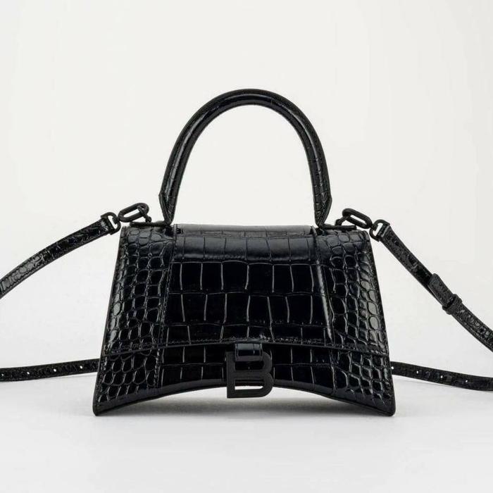 Original - Balenciaga Hourglass Croco Top Handle Small So All Black