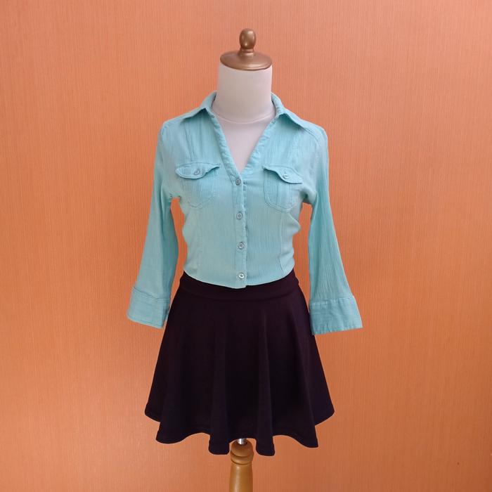 atasan kemeja wanita biru tosca MARKS SPENCER cewek M L cute kerja