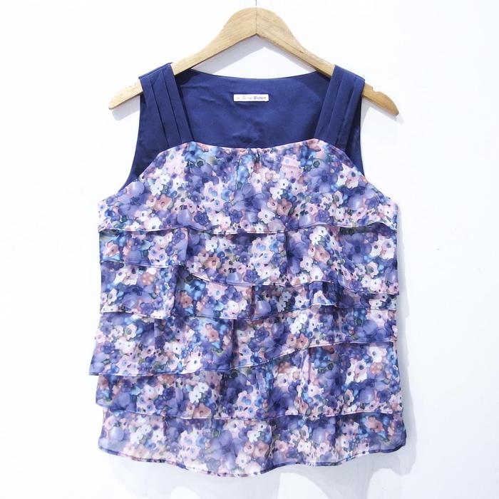 ED458 SIZE M BLOUSE ZISHEN NAVY TANPA LENGAN FLORAL ATASAN