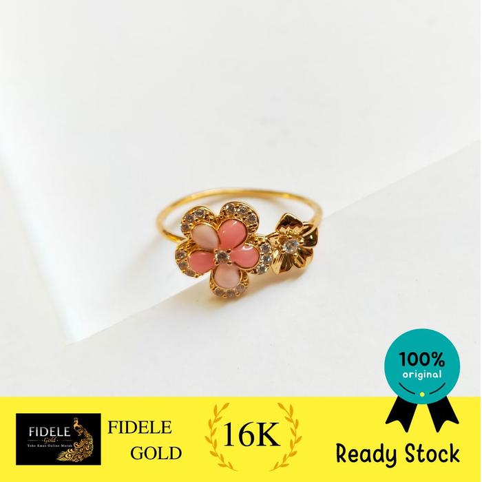 Cincin Bunga Vancleef Pink Permata Emas Asli Emas Tua Kadar 700