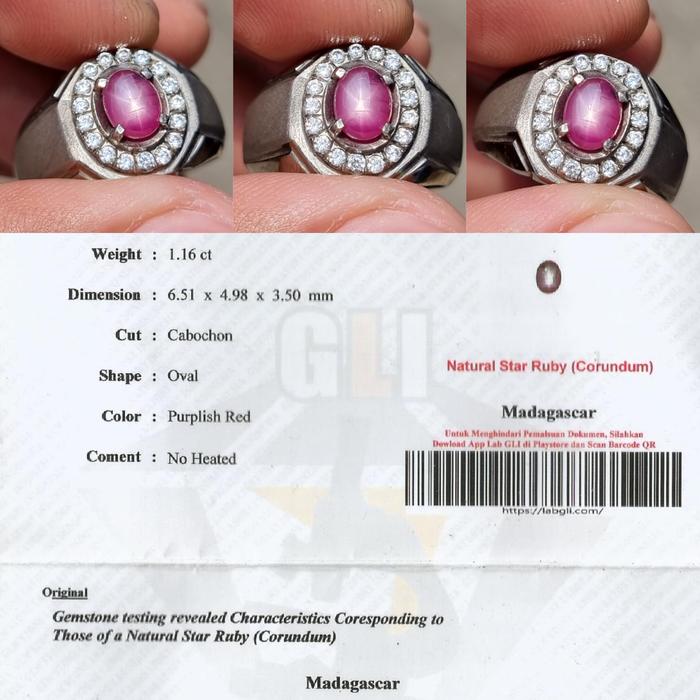 Natural HQ Batu Purplish Red Star Ruby No Treatment 1.16 Cts Good Star