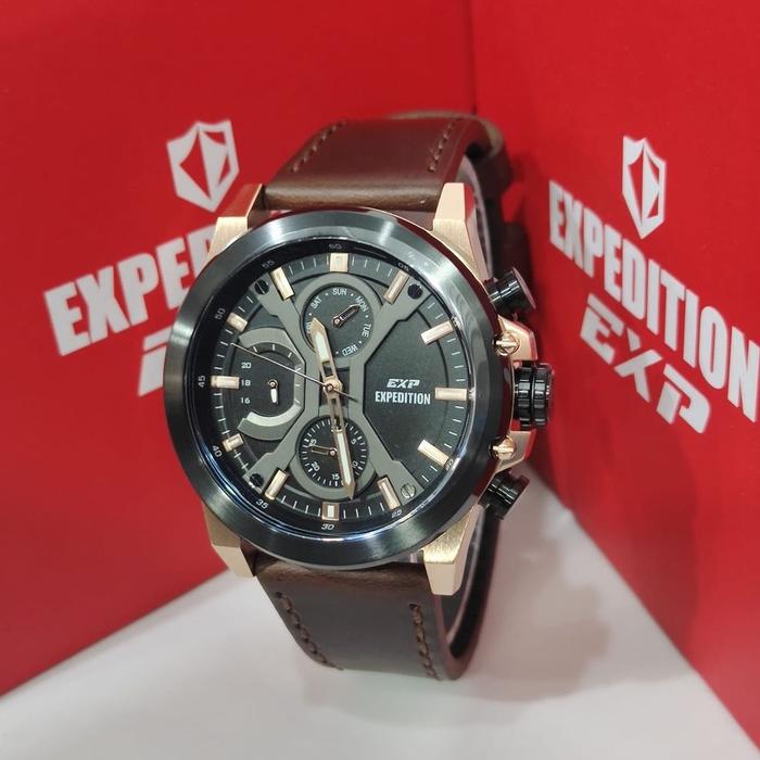 Jam Tangan Expedition Pria Original E6829 Black Brown Rosegold