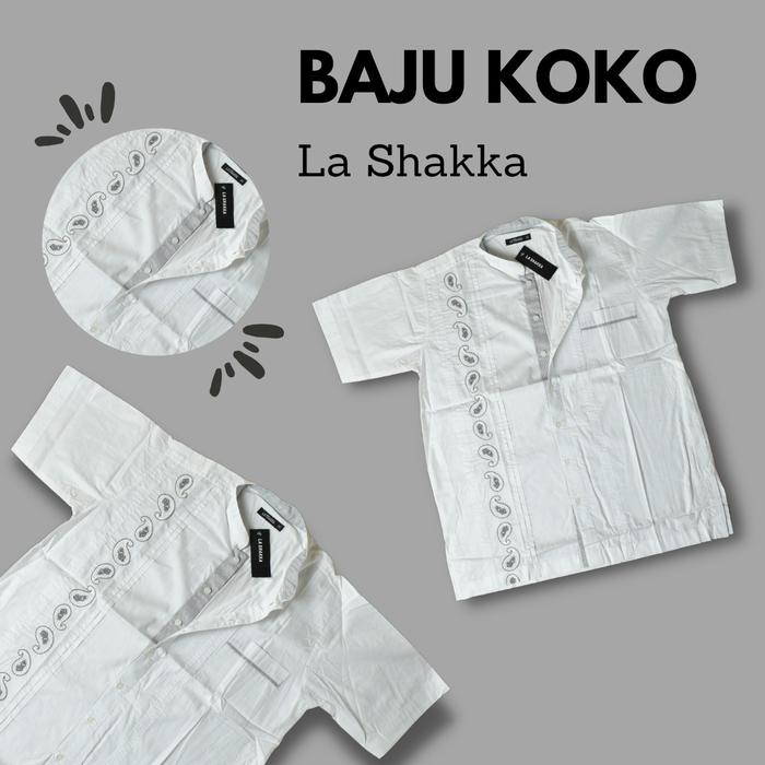 baju koko merk la shakka atau lashakka warna putih motif keong bordir harga terjangkau kualitas bagu