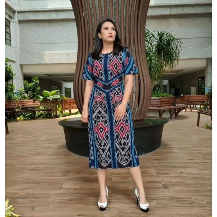 Dress batik tenun NTT kemeja batik tenun NTT tenun biru (motif ende)