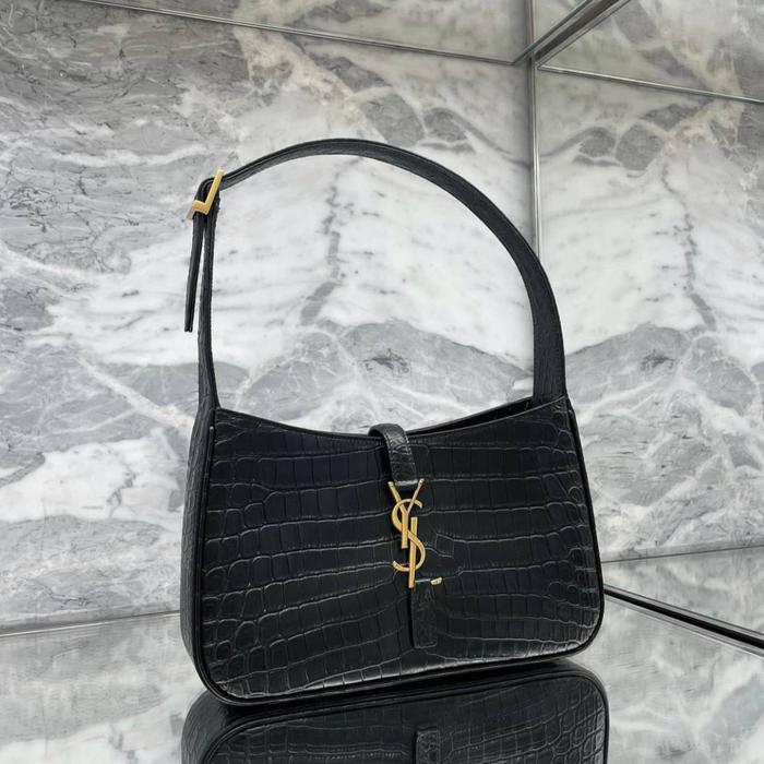 Original - YSL Saint Laurent Le 5 a 7 Hobo Bag Black Croco GHW Shoulde
