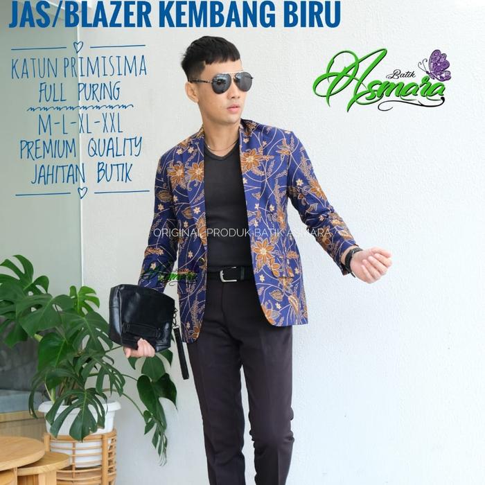 KEMBANG BIRU Jas Blazer Batik Pria Modern Katun Full Furing -As