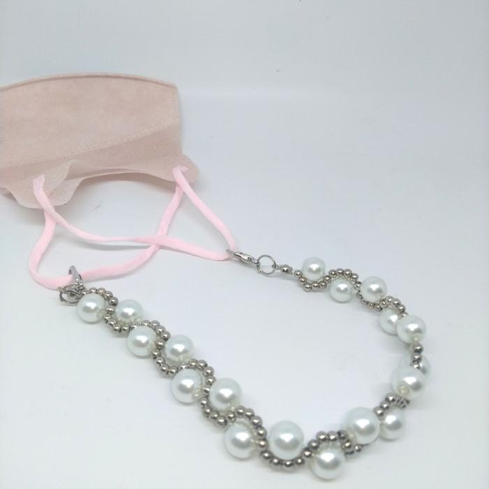 Konektor Masker (Head piece jilbab) Mutiara Besar & Mote silver kecil