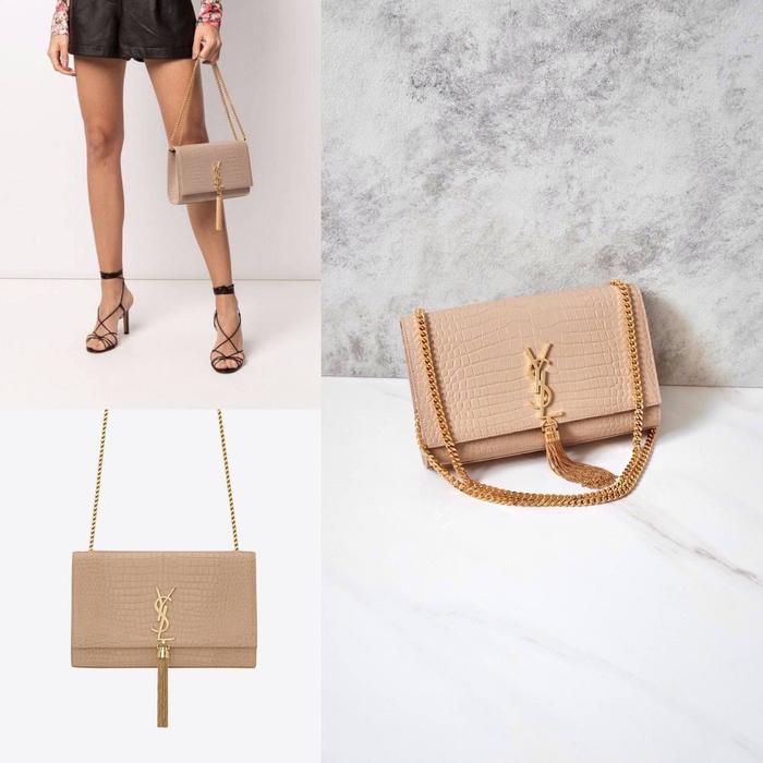 Original - YSL Saint Laurent Kate Shoulder Bag in Nude Beige Croco GHW
