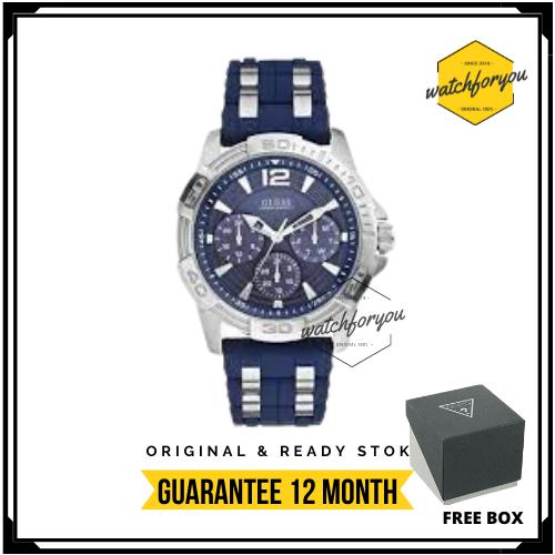 Jam Tangan Pria Guess Rubber W0366G2 Blue Silver Original With Box