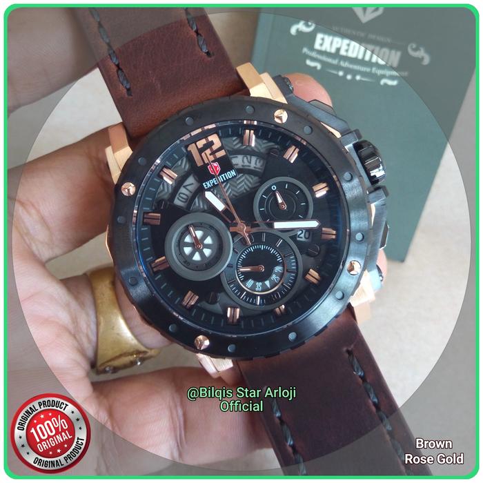 Jam Tangan Besar Expedition E6402 Pria Case Rose Gold Tali Kulit Ori