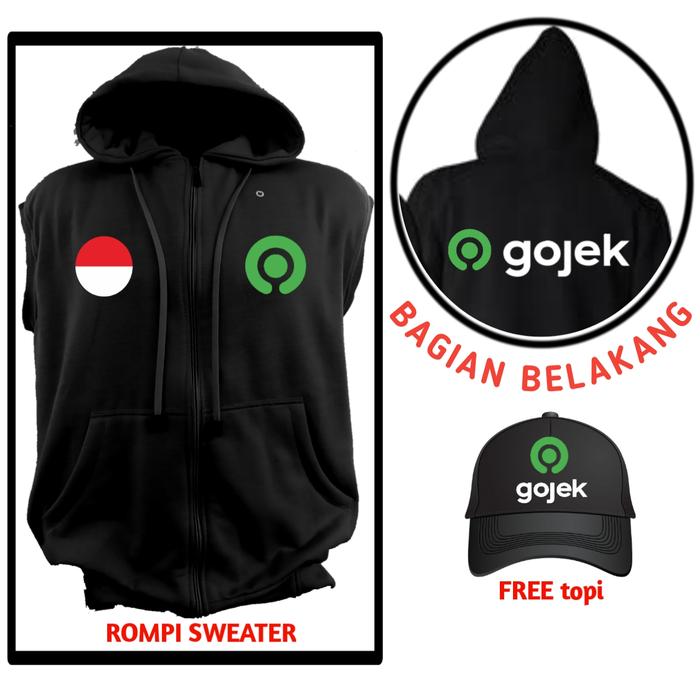 rompi sweater berkupluk gojek sablon + topi eeee