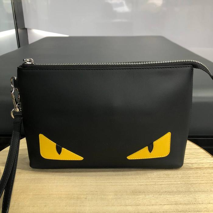Original - Fendi FF Monster Eye Pouch Pochette Clutch Black Wristlet L