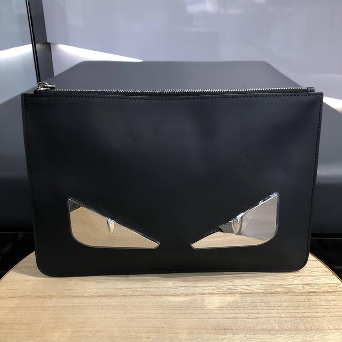 Original - FENDI Bag Bugs Zipped Pouch Silver Black Pochette Clutch