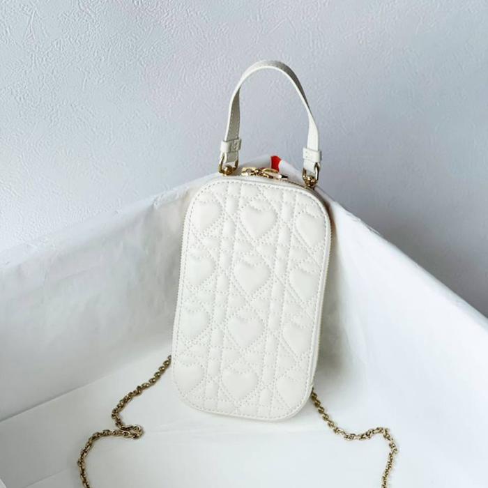 Original - Lady Dior Phone Bag White Lambskin Love GHW Mini Sling