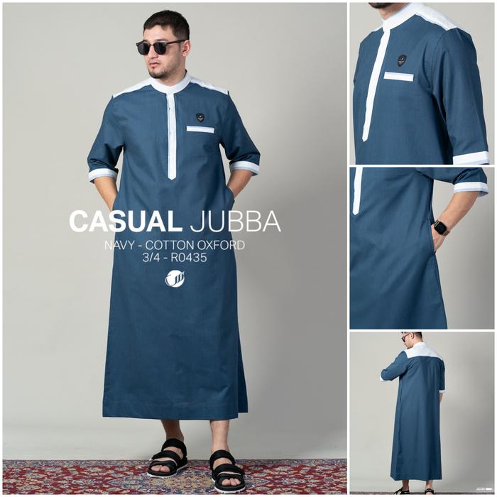 SAMASE CASUAL JUBBA R043 Navy Cotton Oxford Baju Jubah Pria