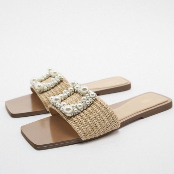 Sandal Flat Wanita Zara dengan Hiasan Mutiara