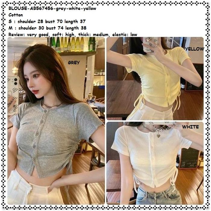 AB567456 Kemeja Crop Top Blouse Serut Wanita Korea Putih Yellow Grey