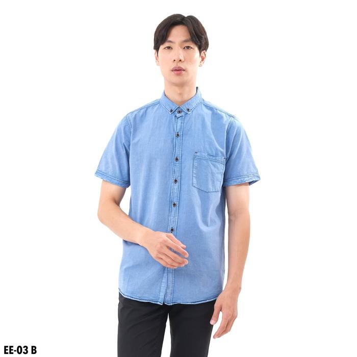 EE-03B kemeja Denim pria lengan pendek kemeja jeans Sky Blue Washed