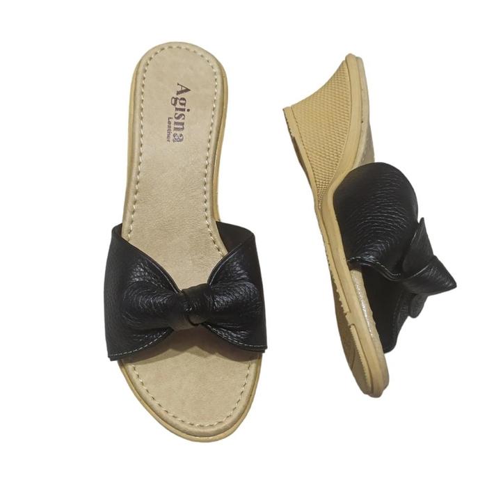 Agisna Sandal Kulit Sapi Wanita Wedges Hak 5cm Sol Crem Model Sandal Pita Anti Licin & Ringan Nyaman