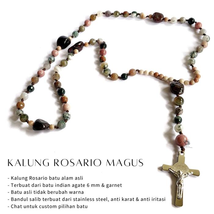 Kalung rosario batu garnet & indian agate bandul anti karat