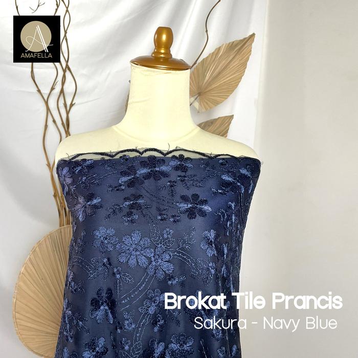 1/2 meter Kain Brokat Tile Prancis Bahan Kebaya Motif Sakura Navy