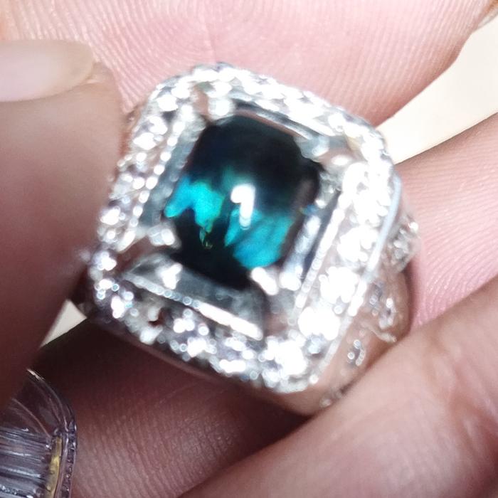 Natural Bluish Green Sapphire Plus Ring Perak dan Memo