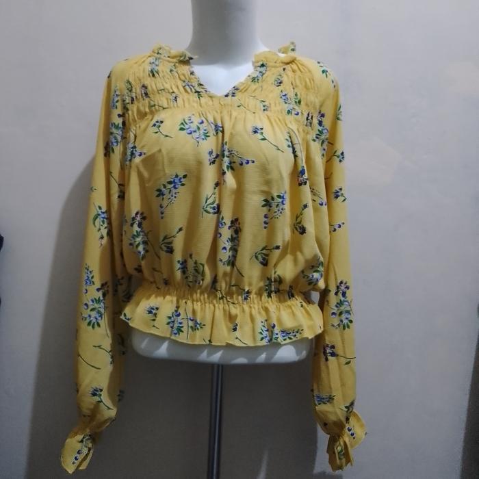 blouse wanita korea bunga thrift kuning lengan trompet crop