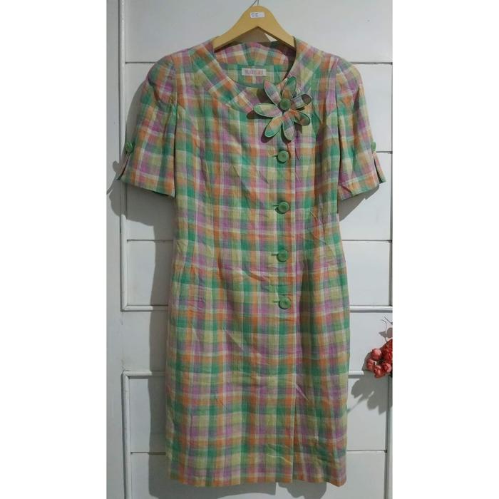 Dress kawai vintage tartan kotak pastel Yuki Torii lengan pendek impor