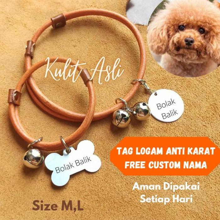 KALUNG ANJING TAG LOGAM CUSTOM NAMA DUA SISI KULIT ASLI by