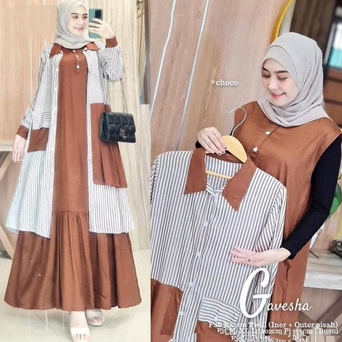 Terbaru Gavesha Set 2 In 1 / Setelan Baju Gamis + Outer Katun Rayon