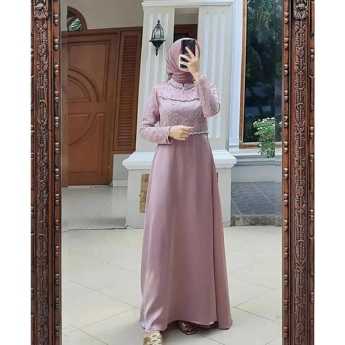 Terbaru - Dress Muslim Wanita Tiara Gamis Velvet Mix Brukat Gaun Maxi