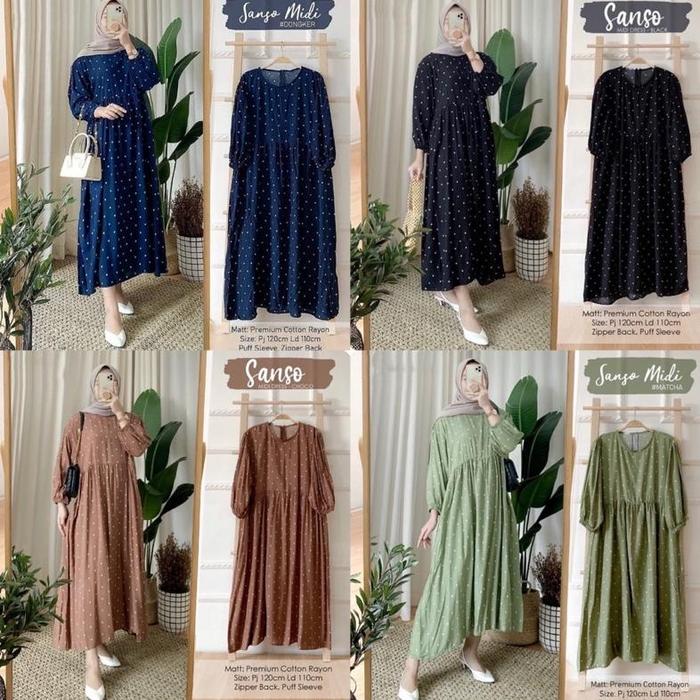 Sanso Midi Dress / Midi Dress Katun Rayon / Midi Dress Motif Polkadot
