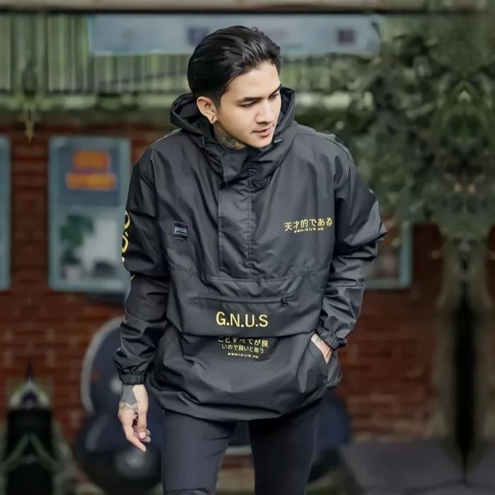 Genious Cagoule Jacket Parachute Outdoor Waterproof Windbreaker GNUS Black | Jaket Cagoule Parasut