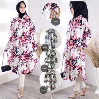 SJM NANDO kemeja long tunik motif sakura lengan panjang wanita