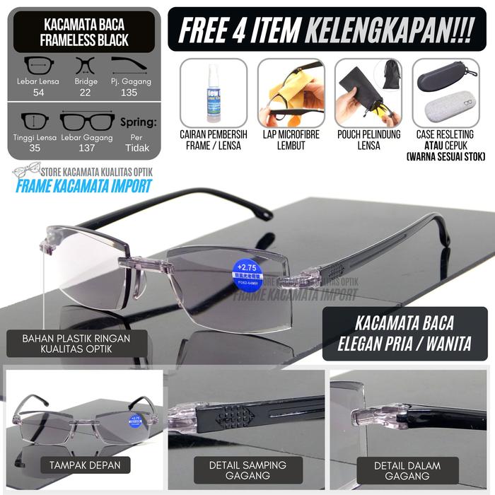 Kacamata Baca Frameless +100 sd +400 Lensa Plus Warna