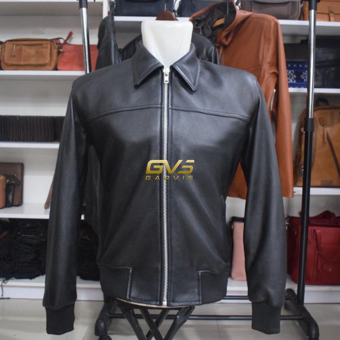 Jaket Bomber pria kulit domba asli Garut warna hitam by garvis
