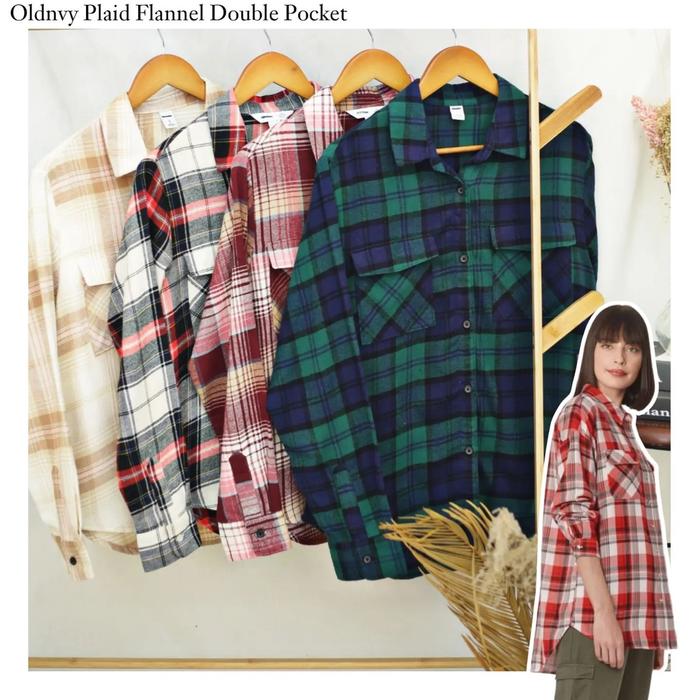 Old Navy Double Pocket Plaid Shirt - Kemaja Kotak Wanita Saku Depan